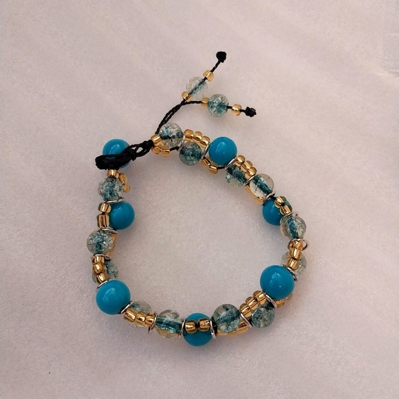 Hand Crafted Jewelry - Blue and Gold Glass Bead Bracelet